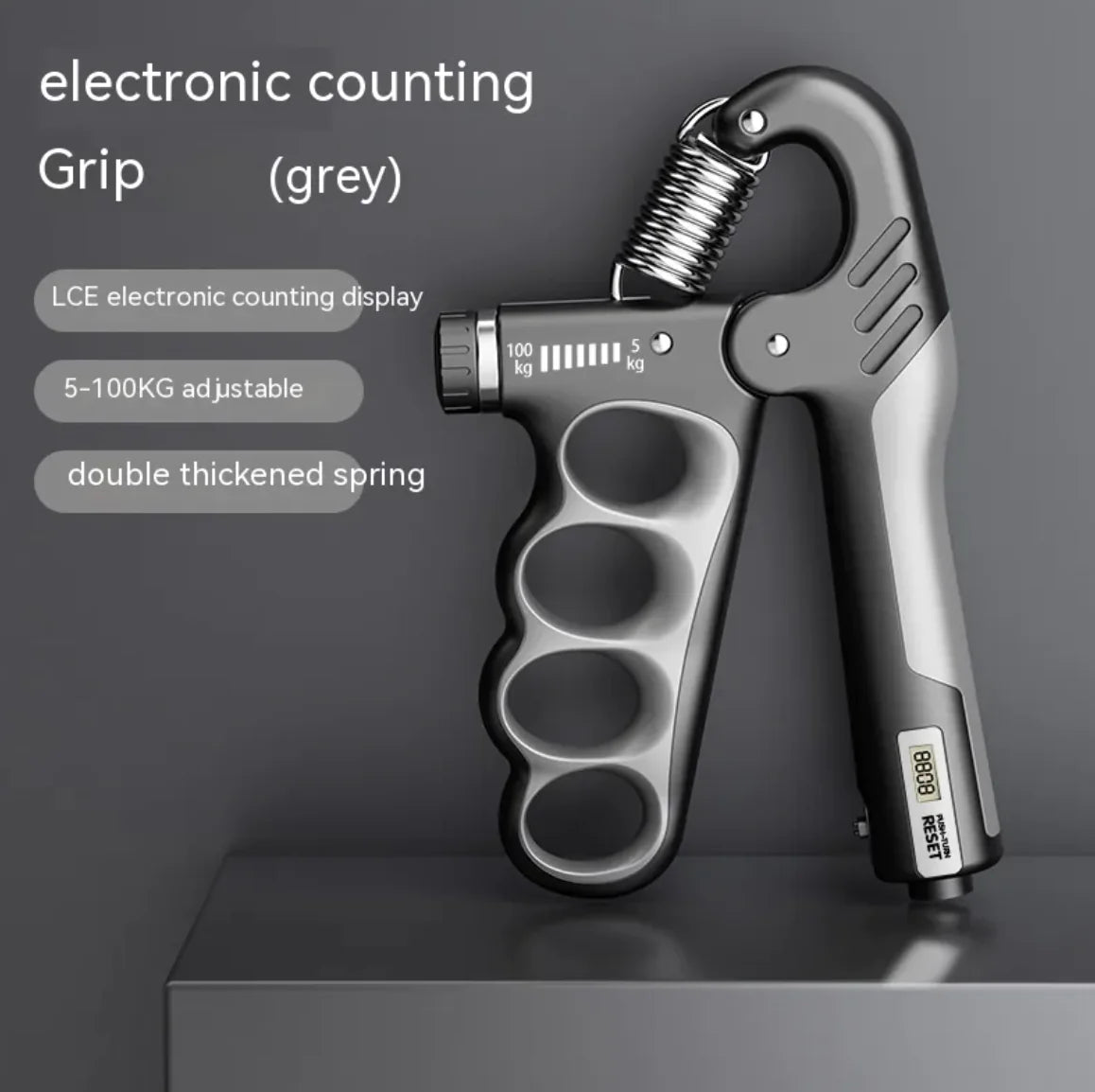 Adjustable Electronic Counting Grip Trainer side grey text features