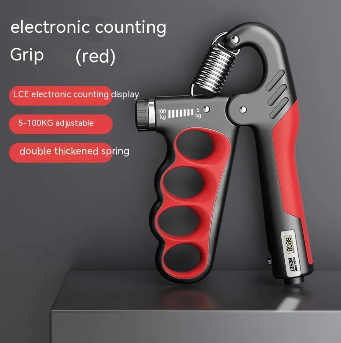 Adjustable Electronic Counting Grip Trainer side red text features