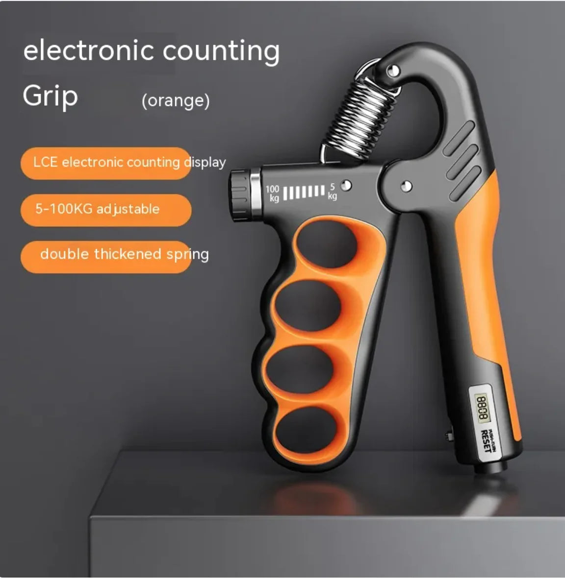 Adjustable Electronic Counting Grip Trainer side orange text features